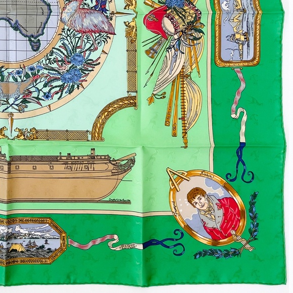 NWT Vintage Hermes Scarf Carré 90 "Le Geographe" in Green - Picture 9 of 10